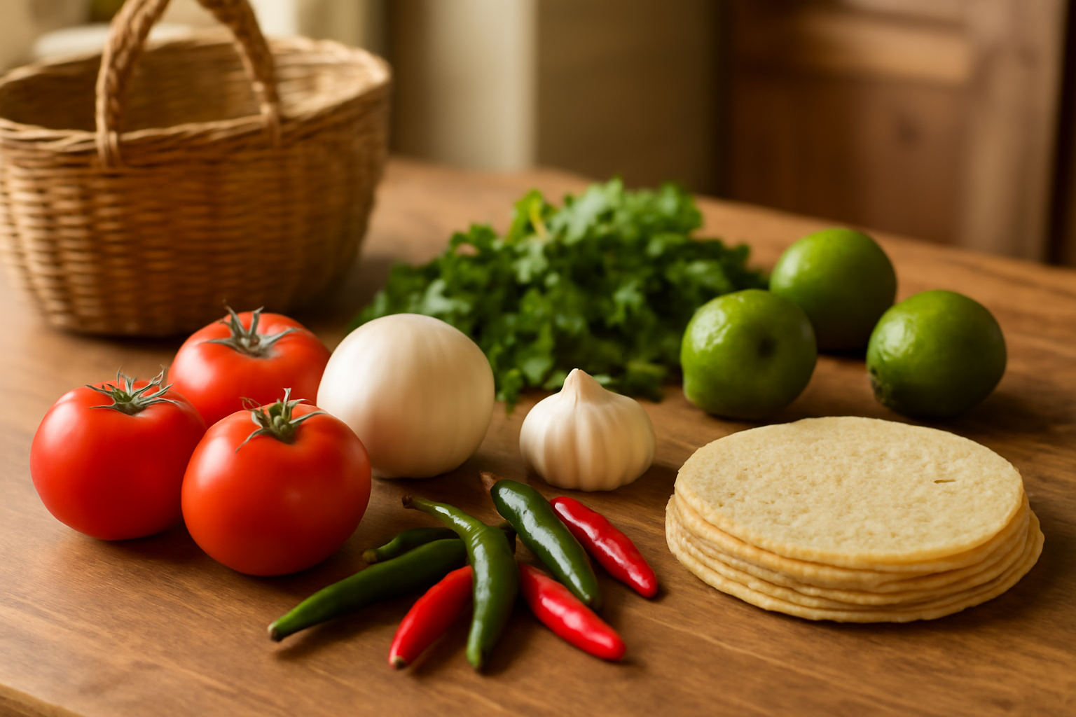 Bahan masakan latin di meja kayu: tomat, cabai, bawang, tortilla, dan jeruk nipis