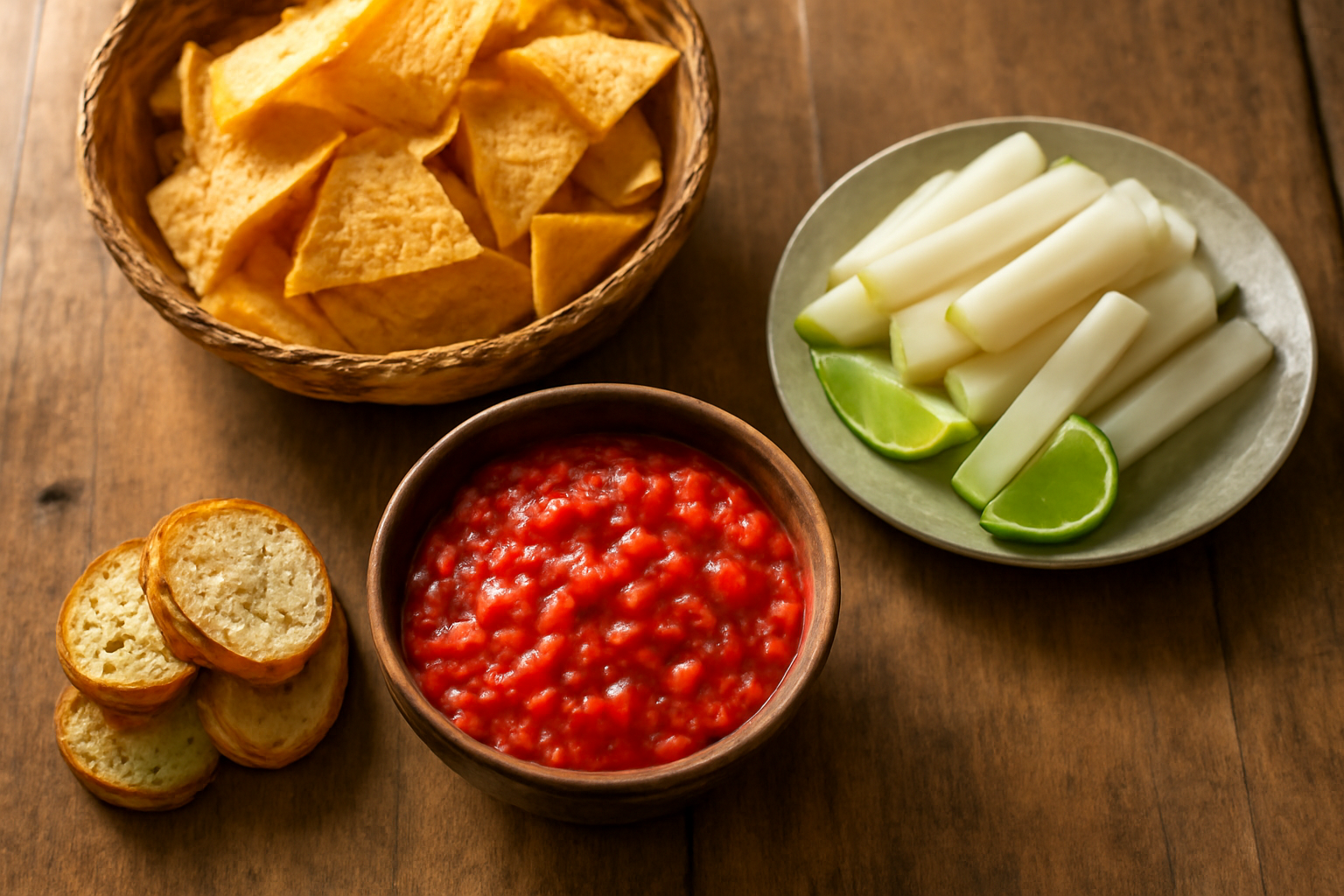 Aneka camilan pendamping salsa di atas meja kayu, termasuk tortilla chips, jicama, dan roti panggang