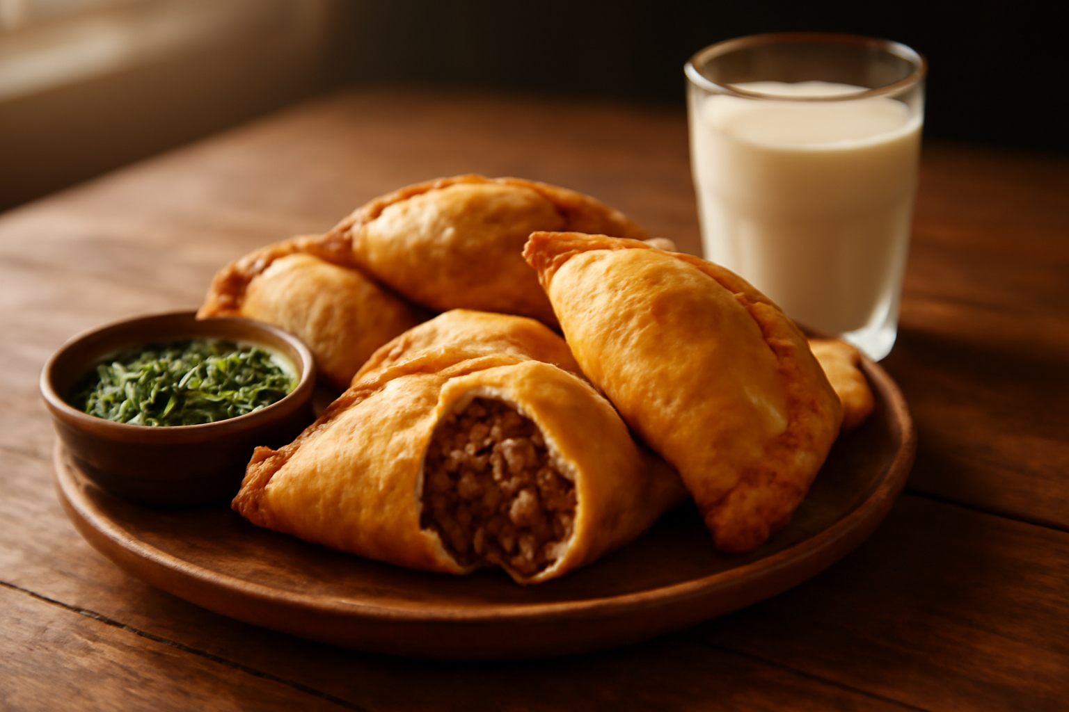 Empanada goreng keemasan dengan isian daging, disajikan dengan saus chimichurri dan horchata di meja kayu.