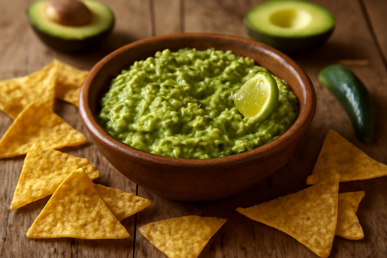 Mangkuk guacamole segar dengan daun ketumbar, potongan jeruk nipis, dan keripik tortilla di meja kayu