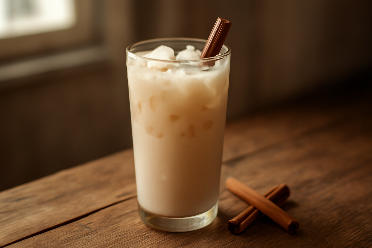 Segelas horchata dingin dengan kayu manis dan es batu di meja kayu