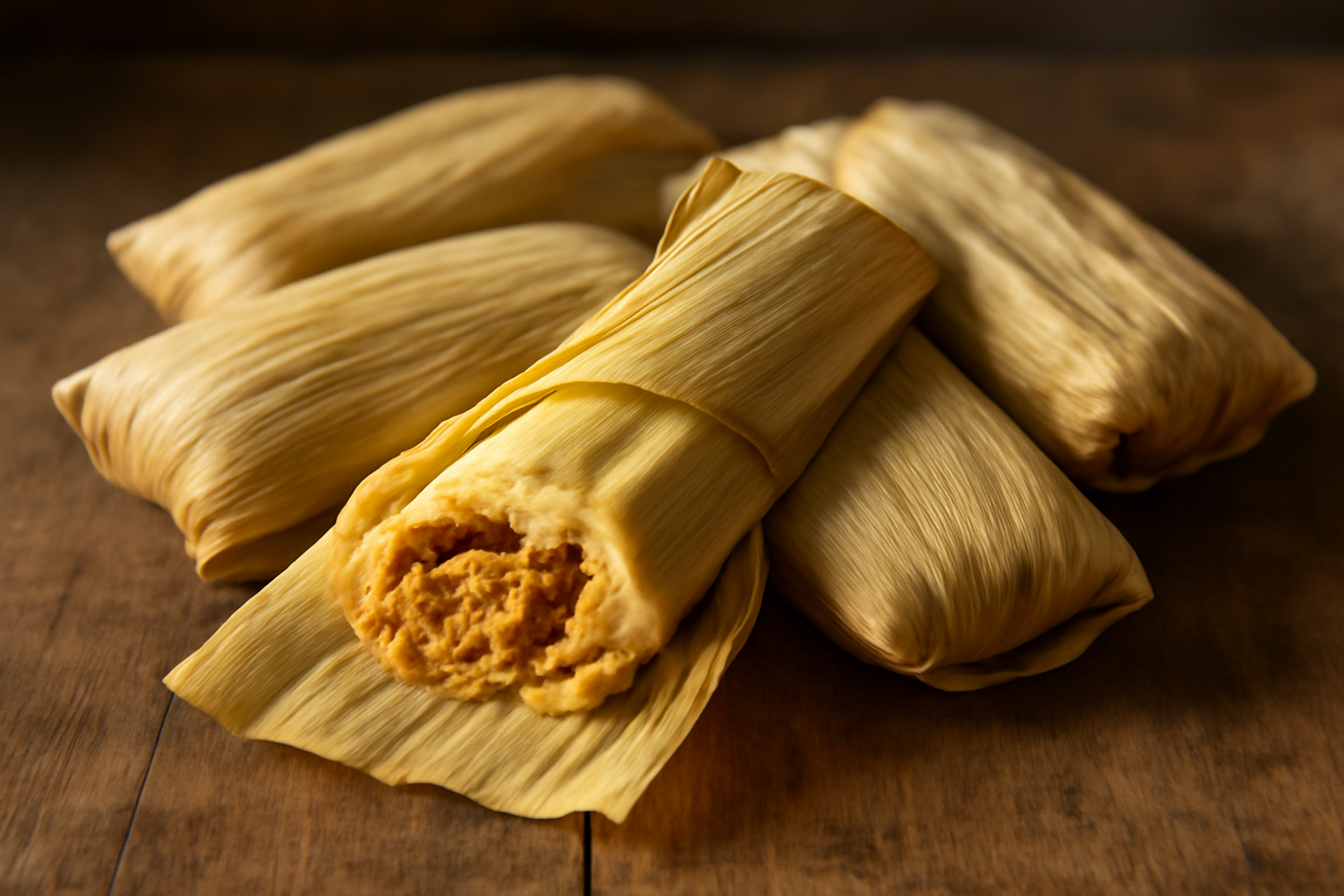 Tamale kukus dalam bungkus daun jagung yang tersusun di atas meja kayu