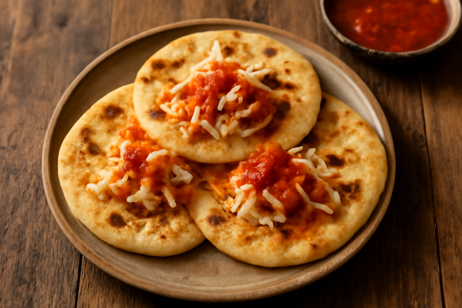 Pupusa El Salvador dengan curtido dan saus tomat di atas meja kayu