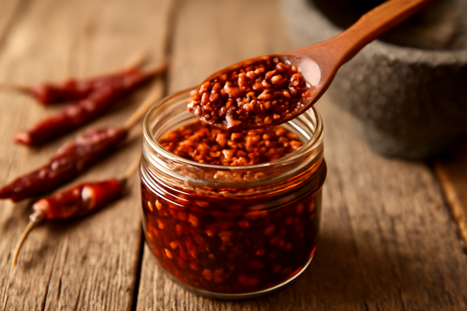 Salsa macha dalam wadah kaca dengan cabai kering dan kacang di atas meja kayu