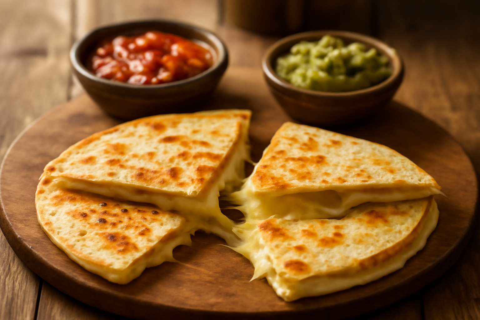 Quesadilla isi keju dipotong menjadi beberapa bagian di atas talenan kayu, disajikan dengan salsa dan guacamole.
