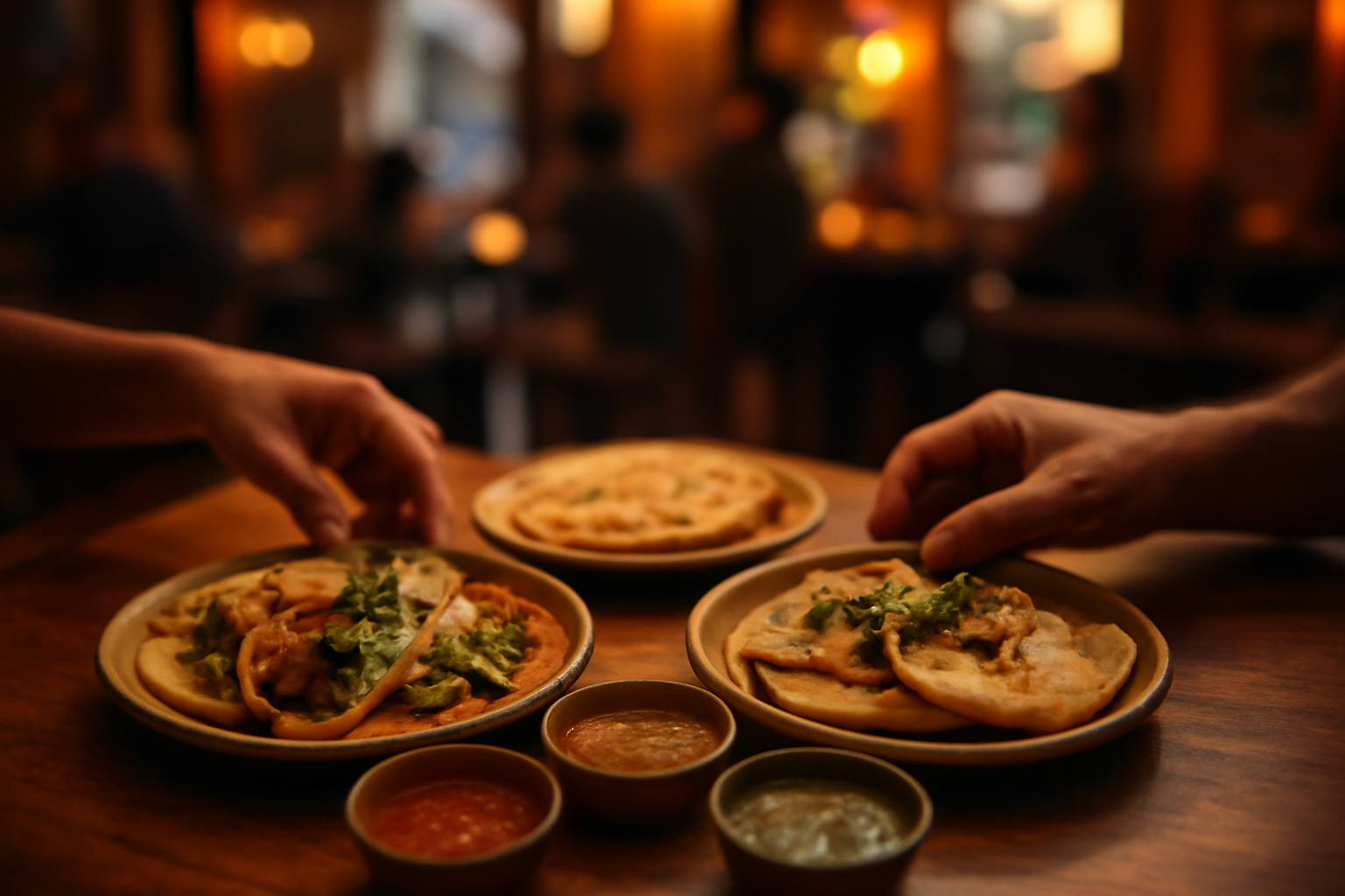 Meja makan di restoran Latin dengan aneka taco, pupusa, dan salsa untuk makan malam akhir pekan