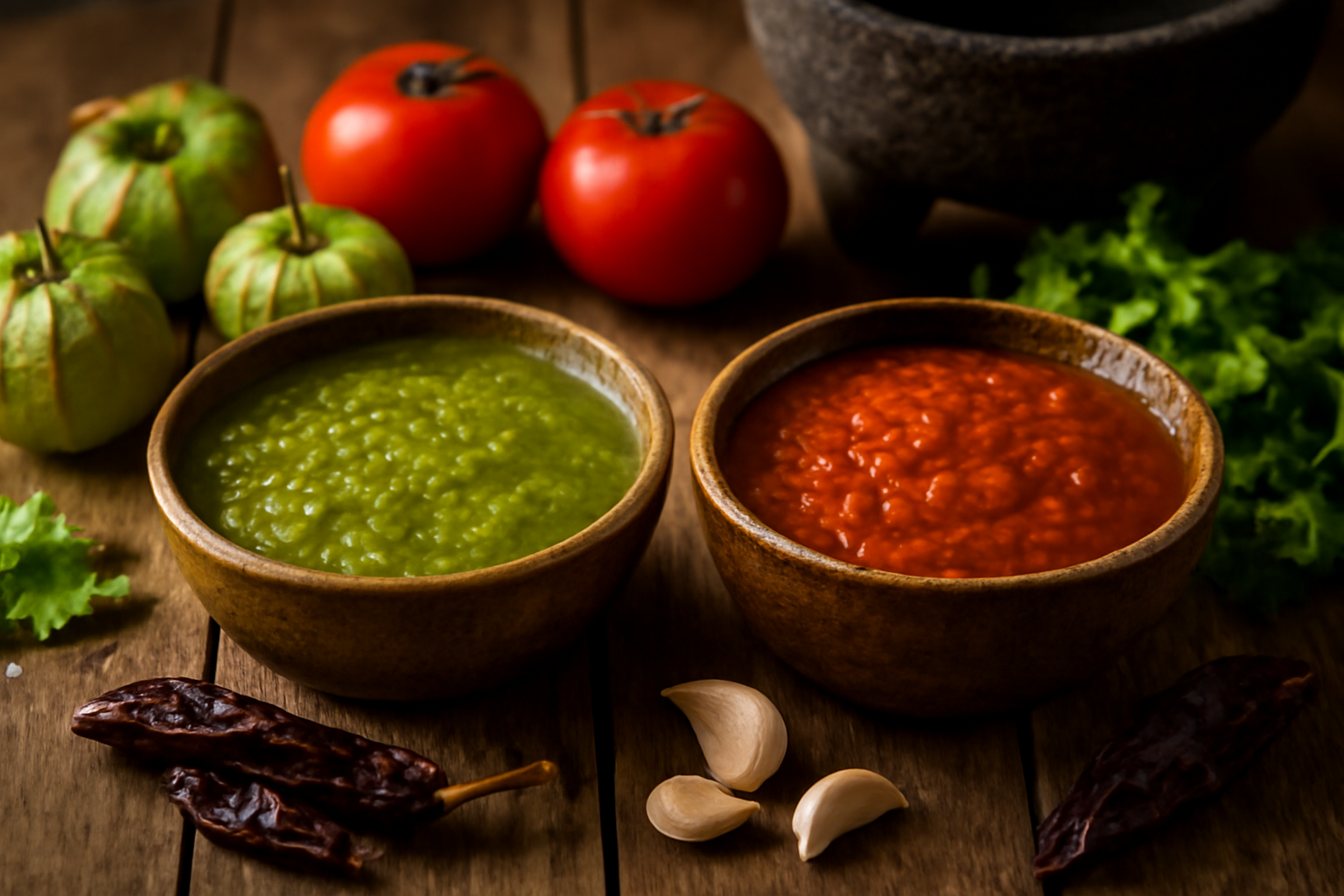Dua mangkuk salsa, salsa verde hijau dan salsa roja merah, di atas meja kayu dengan tomatillo dan cabai kering